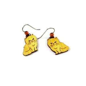   Cat Dangle Earrings from Organic Wood of a Maple Tree with Amber Bead