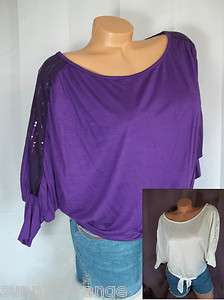  front sequins dolman sleeves S M purple off white blouse knit top New