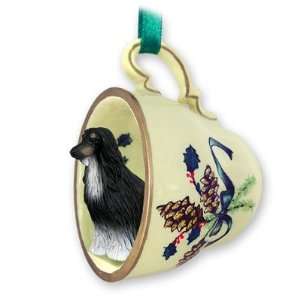  Afghan Green Holiday Tea Cup Dog Ornament   Black & White 