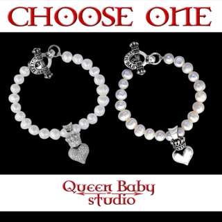 King QUEEN Baby Studio bracelet PEARL CZ Silver heart  