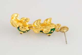 14KT Yellow Gold Ep Green Enamel Frogs Dangle Earrings  