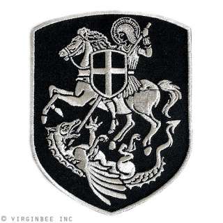   ON HORSE SLAYING DRAGON CROSS SHIELD CHRISTIAN PATCH SILVER EMBROIDERY
