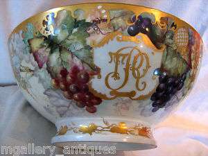 ANTIQUE LIMOGES PUNCH BOWL ARMORIAL CREST HAND PAINTED 19TH CENTURY 