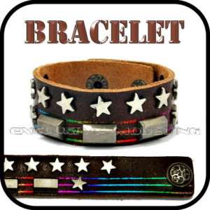Rainbow Lines Star Stud Genuine Leather Cuff Bracelet  