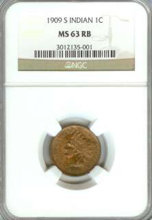 1909 S Indian Head Cent, NGC MS63 RB (Red Brown). Rare  