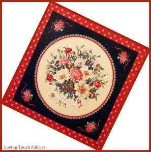 RED CHRISTMAS MIXED FLORAL ROSES HOLLY QUILT / PILLOW PANEL 16 X 16 