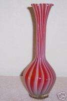 Fluted Red White Stripe Murano Art Glass Bud Vase  
