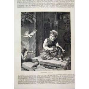  1876 Little Girl Feeding Birds Bread Doorstep Old Print 