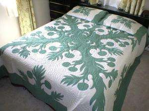 King Sz Breadfruit Hawaiian Quilt & 2 Pillow Shams Sage  