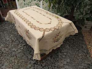 Vintage crochet/Silk Ribbon Embroidery Large Oval Table Cloth  
