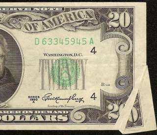 1950 A $20 DOLLAR BILL FOLD ERROR FEDERAL RESERVE NOTE Fr 2060 D VF++ 