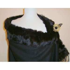Jet Black Baby Alpaca Cashmere Blend Shawl With Black Real Fox Fur (S 