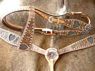 BRIDLE BREAST COLLAR WESTERN LEATHER HEADSTALL TACK HEART CRYSTALS 