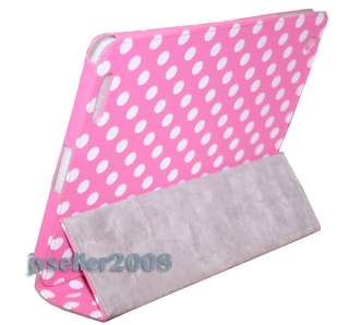 White Polka Dot Leather Case Cover W/Stand For iPad 2 Hot Pink 