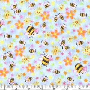  45 Wide Flannel Bumble Bees Light Blue Fabric By The 