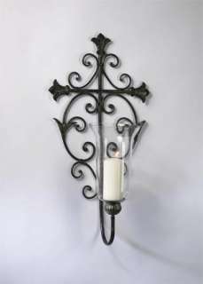 Old World Iron Scroll Cross Wall Candleholder Sconce  