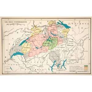  1915 Print Map Swiss Confederation Lucerne Freiburg 