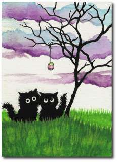 Two Black Cats Easter Egg Tree  ArT BiHrLe LE Print ACEO  