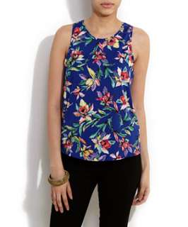 Blue Pattern (Blue) Bright Floral Cut Out Shell Top  250773649  New 