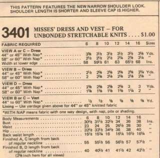 McCalls 3401 Pattern Dress Vest Stretchable Knits Misses Sz 14 Vintage 