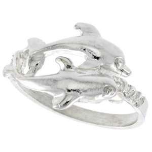  Sterling Silver Diamond Cut Double Dolphin Ring, size 9 