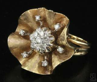 14K GOLD .53CT DIAMOND CLUSTER FLORENTINE FLOWER COCKTAIL RING SIZE 6 