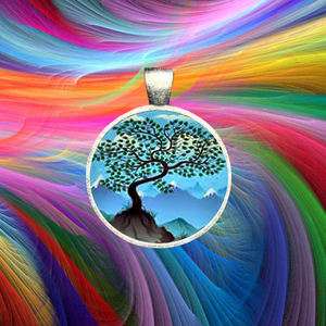 Button Pendant Necklace Jewelry Tree Moon Mountain Snow Chain Charm 