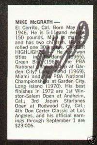 Mike McGrath signed autograph 1970s PBA Bowling Card  