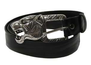 Tobacco Road Rocker Belt Black Italian Leather Belt Tiger Head Buckle 