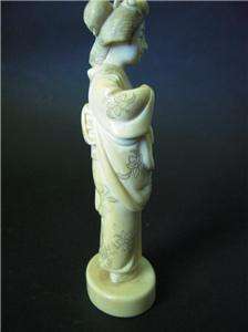 antique Japanese Meiji ? SIGNED FAUX IVORY carving FIGURE GEISHA lady 