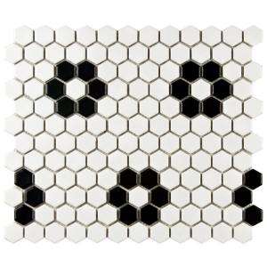 Merola Tile Metro Hex Matte White with Heavy Black Flower 10 1/4 in. x 