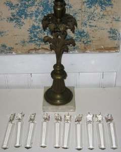 Antique Brass Marble Girandole Candlesticks with Glass Prisms  