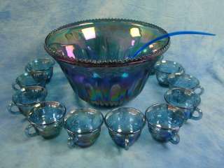   Indiana Carnival Glass Blue Iridescent Princess Grape PUNCH BOWL SET