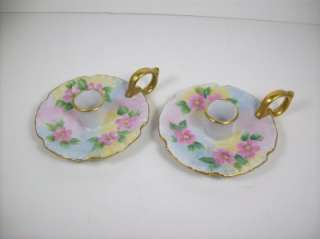Vintage Candle Holders Sticks Hand Painted Wild Roses Brushed Gold 
