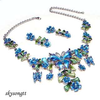Blue Enamel Crystal Butterfly Floral Necklace SetS1618N  