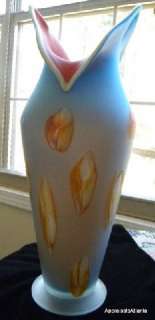 ART GLASS VASE 18 INCH SIGNED UNUSUAL BEAUTY TURQ RED  