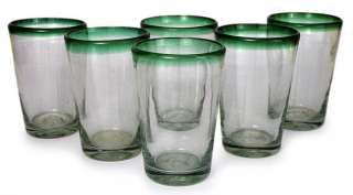 Green Hand Blown Drinking Glasses Set of 6~Mexico Decor  