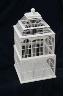 SPACIOUS ANTIQUE WHITE PAINTED WOODEN BIRD CAGE XL 1538  