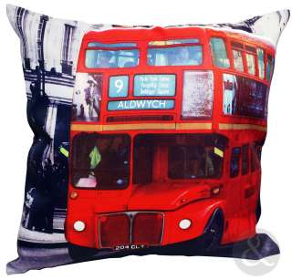  cushion features a retro London Bus in a vibrant red against a black 