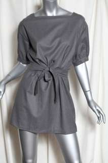 YVES SAINT LAURENT Chic Grey Wool Button Back Mini Dress Short Sleeve 