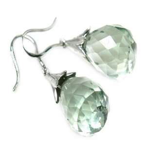    14k White Gold Green Quartz and Diamond Solid Earring Jewelry