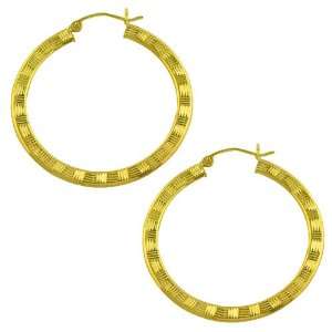  14 Karat Yellow Gold Etched Flat Hoop Earrings (3 x 36 mm 