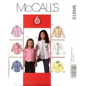  Mccalls Sewing Pattern M4910 Girls Shirts, Size 3 4 5 6 