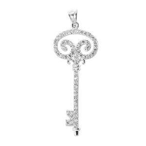   White Gold, Key Pendant Charm with Lab Created Gems 22mm Wide Jewelry