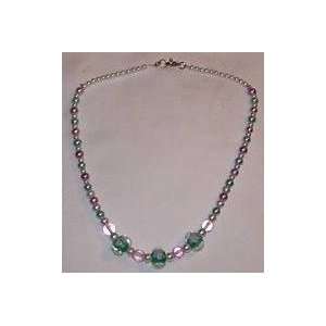   Green & White Crystal Glass Beads & Pearls Necklace 
