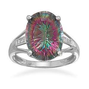 Rhodium Plated Sterling Silver 11mm X 15mm Oval Mystic Topaz Ring 