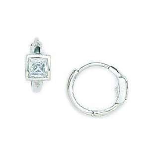  14k White Gold CZ Square Hinged Earrings   Measures 