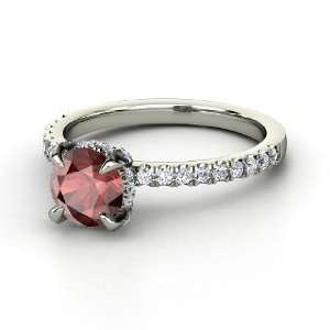   Ring, Round Red Garnet 14K White Gold Ring with Diamond Jewelry