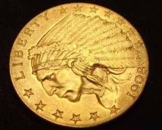 1908 $2 1/2 Indian Head Gold Coin Quarter Eagle BU MS  