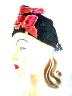  Ladies Black Hat Military Style w/ Pink Velvet Bows 1940s  